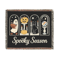 Printify eco-friendly Halloween blanket with spooky ghost, pumpkin, black cat, and moon designs