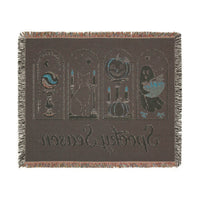 Printify eco-friendly Halloween blanket with spooky cat pumpkin and ghost designs and fringe edges