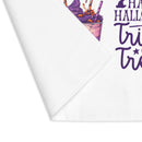 Close-up view of Printify eco-friendly Halloween placemat with festive purple and orange design