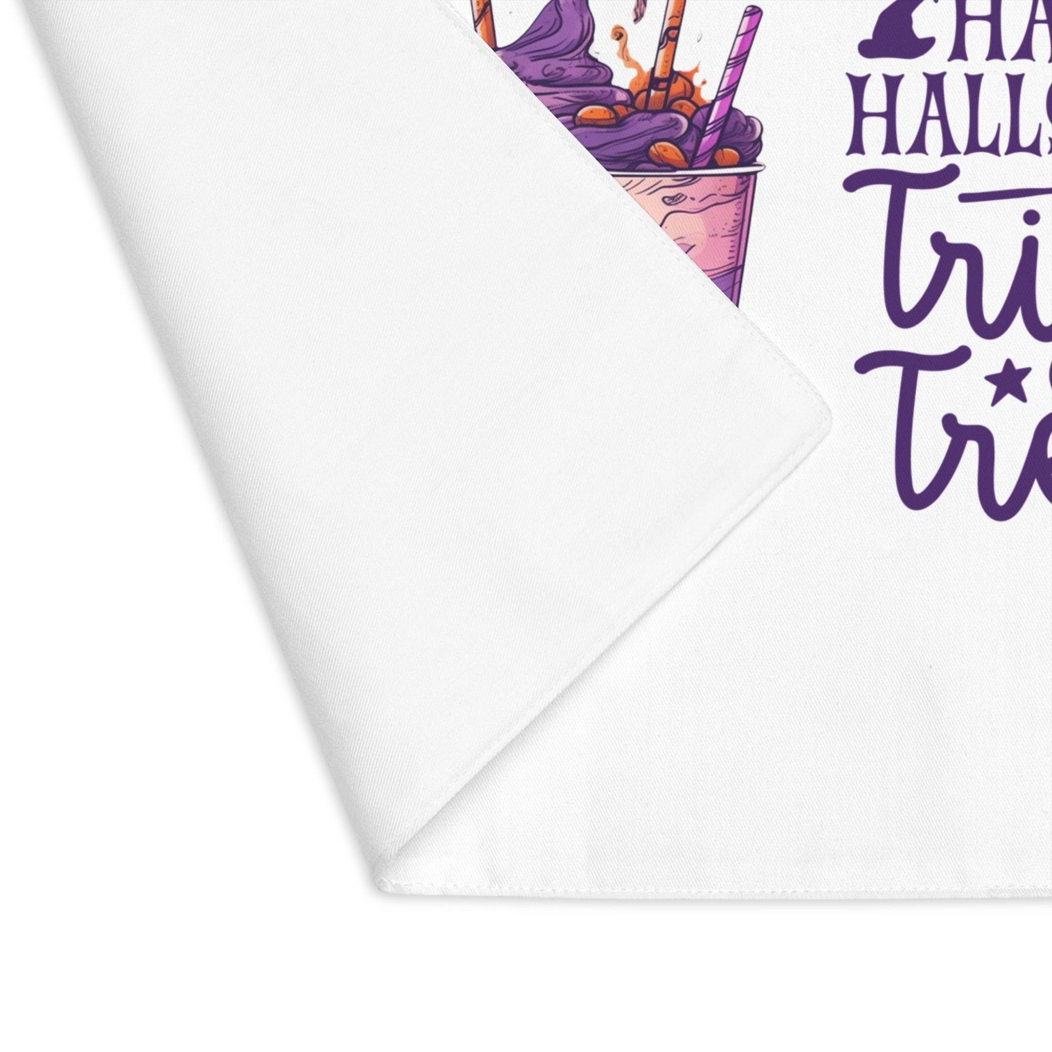 Close-up view of Printify eco-friendly Halloween placemat with festive purple and orange design