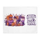 Printify eco-friendly Halloween placemat with spooky pumpkin drinks and Happy Halloween trick or treat text