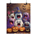 Printify eco-friendly Halloween posters featuring cartoon monsters with pumpkins and bats
