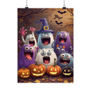 Printify eco-friendly Halloween posters featuring colorful monsters and glowing jack-o-lanterns in a spooky forest