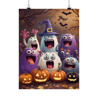Printify eco-friendly Halloween posters featuring colorful monsters and glowing jack-o-lanterns in a spooky forest