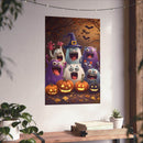 Printify eco-friendly Halloween posters featuring cute monsters and carved pumpkins in a spooky autumn setting