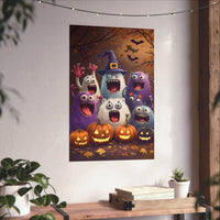 Printify eco-friendly Halloween posters featuring cute monsters and carved pumpkins in a spooky autumn setting