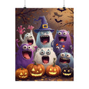 Colorful cartoon monsters with jack-o-lantern pumpkins on eco-friendly Halloween posters by Printify