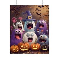 Colorful cartoon monsters with jack-o-lantern pumpkins on eco-friendly Halloween posters by Printify