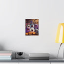 Printify eco-friendly Halloween posters featuring cute monsters and carved pumpkins on a gray wall