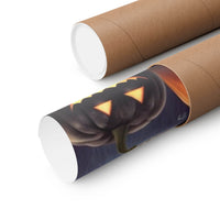 Eco-friendly Halloween posters by Printify rolled inside brown cardboard tubes featuring jack-o-lantern designs