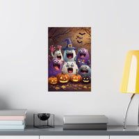 Printify eco-friendly Halloween posters featuring cute monsters and carved pumpkins with bats in the background