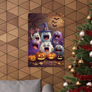 Printify eco-friendly Halloween posters featuring cute monsters with pumpkins and bats on wooden wall