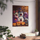 Printify eco-friendly Halloween posters featuring colorful monsters and carved pumpkins in a spooky night scene