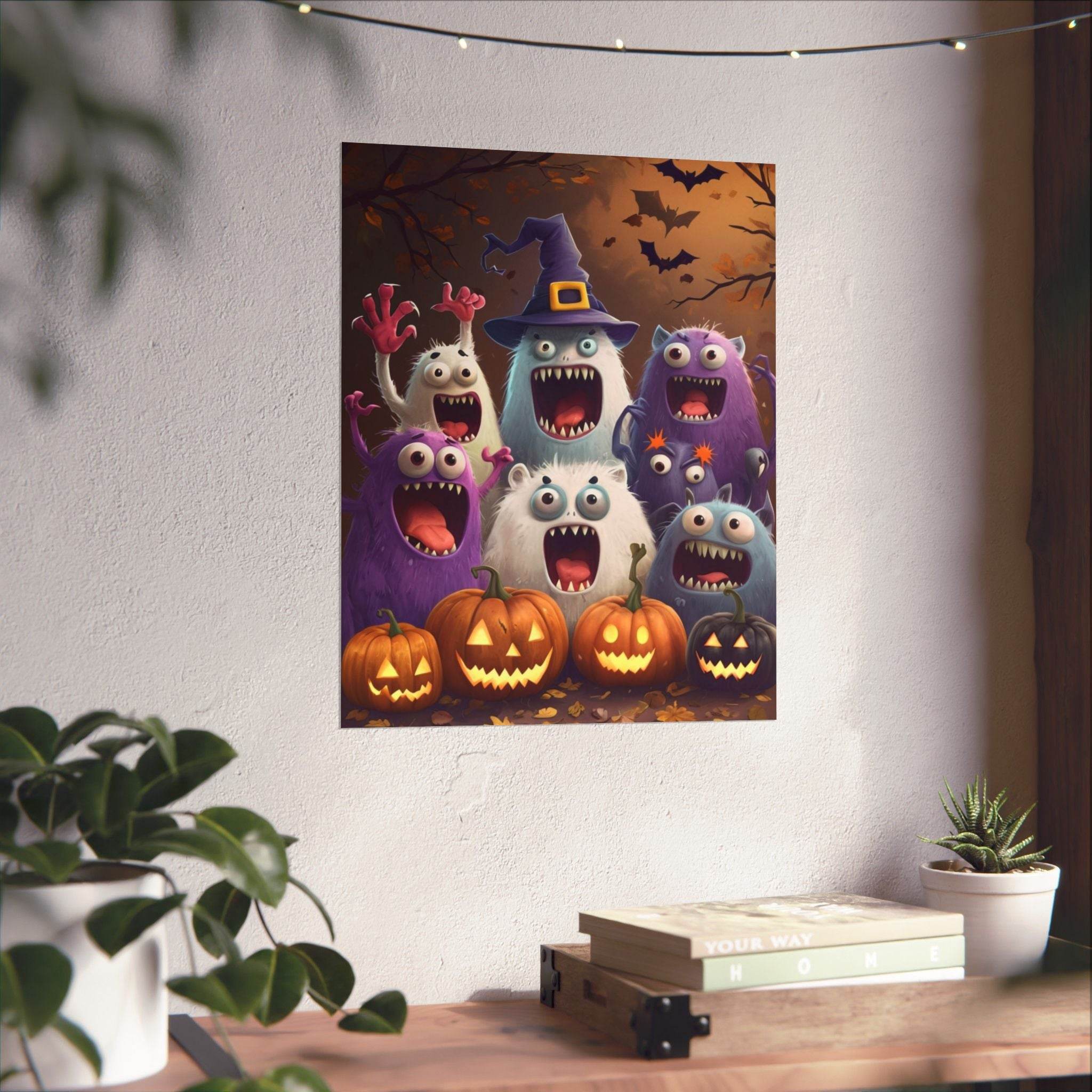 Printify eco-friendly Halloween posters featuring colorful monsters and carved pumpkins in a spooky night scene