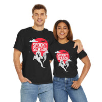 Printify eco-friendly Halloween shirt featuring black tees with spooky ghost design and red moon