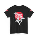 Black eco-friendly Halloween shirt by Printify featuring spooky ghosts with red moon and spooky season text