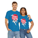 Printify eco-friendly Halloween shirt with spooky ghost design worn by smiling man and woman