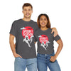 Printify eco-friendly Halloween shirt with spooky ghost design and red moon worn by man and woman