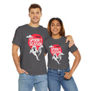 Printify eco-friendly Halloween shirt with spooky ghost design and red moon worn by man and woman