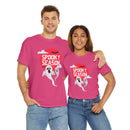 Printify eco-friendly Halloween shirt with spooky season ghost design worn by smiling man and woman