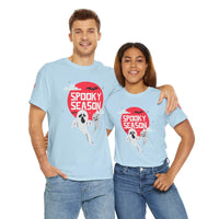 Printify eco-friendly Halloween shirt featuring spooky season ghost design on light blue T-shirts