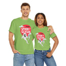 Printify eco-friendly Halloween shirt in green with spooky ghost design and red moon worn by man and woman