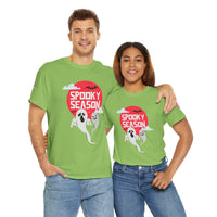 Printify eco-friendly Halloween shirt in green with spooky ghost design and red moon worn by man and woman