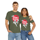 Printify eco-friendly Halloween shirt with spooky ghosts and red moon worn by man and woman