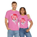 Printify eco-friendly Halloween shirt in pink with spooky season ghost design worn by smiling man and woman