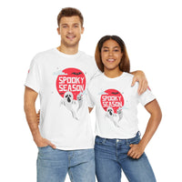 Printify eco-friendly Halloween shirt featuring spooky ghosts and red moon worn by man and woman