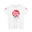 White Printify eco-friendly Halloween shirt with spooky season design featuring ghosts and a red moon