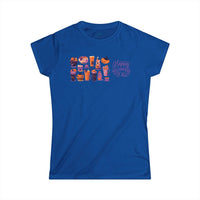 Printify eco-friendly Halloween t-shirt for women in blue with festive pumpkin and drink graphics