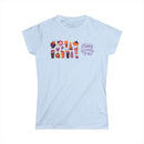 Printify eco-friendly Halloween t-shirt for women with festive pumpkin and candy design on light blue fabric