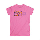 Pink Printify eco-friendly Halloween t-shirt for women with festive pumpkin and candy design