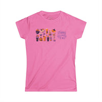 Pink Printify eco-friendly Halloween t-shirt for women with festive pumpkin and candy design