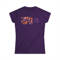 Purple Printify eco-friendly Halloween t-shirt for women with festive pumpkin and drink designs
