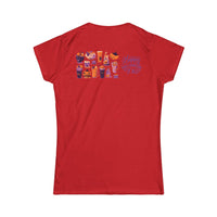 Printify eco-friendly Halloween t-shirt for women in red with festive spooky drink illustrations on back