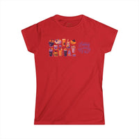 Printify red eco-friendly Halloween t-shirt for women with festive pumpkin and drink illustrations