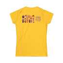 Yellow Printify eco-friendly Halloween t-shirt for women with festive candy and pumpkin design on the back