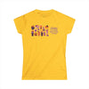 Yellow eco-friendly Halloween t-shirt for women with festive orange and purple pumpkin and candy designs