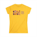 Yellow eco-friendly Halloween t-shirt for women with festive orange and purple pumpkin and candy designs