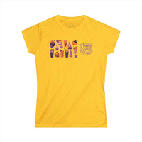 Yellow eco-friendly Halloween t-shirt for women with festive orange and purple pumpkin and candy designs