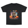 Printify black eco-friendly Halloween t-shirt with skeleton and pumpkins graphic design