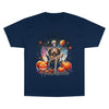 Printify navy eco-friendly Halloween t-shirt with skeleton and pumpkin design
