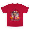 Printify red eco-friendly Halloween t-shirt featuring a skeleton with pumpkins and Halloween text design