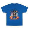 Printify blue eco-friendly Halloween t-shirt with skeleton sitting by pumpkins and spooky design