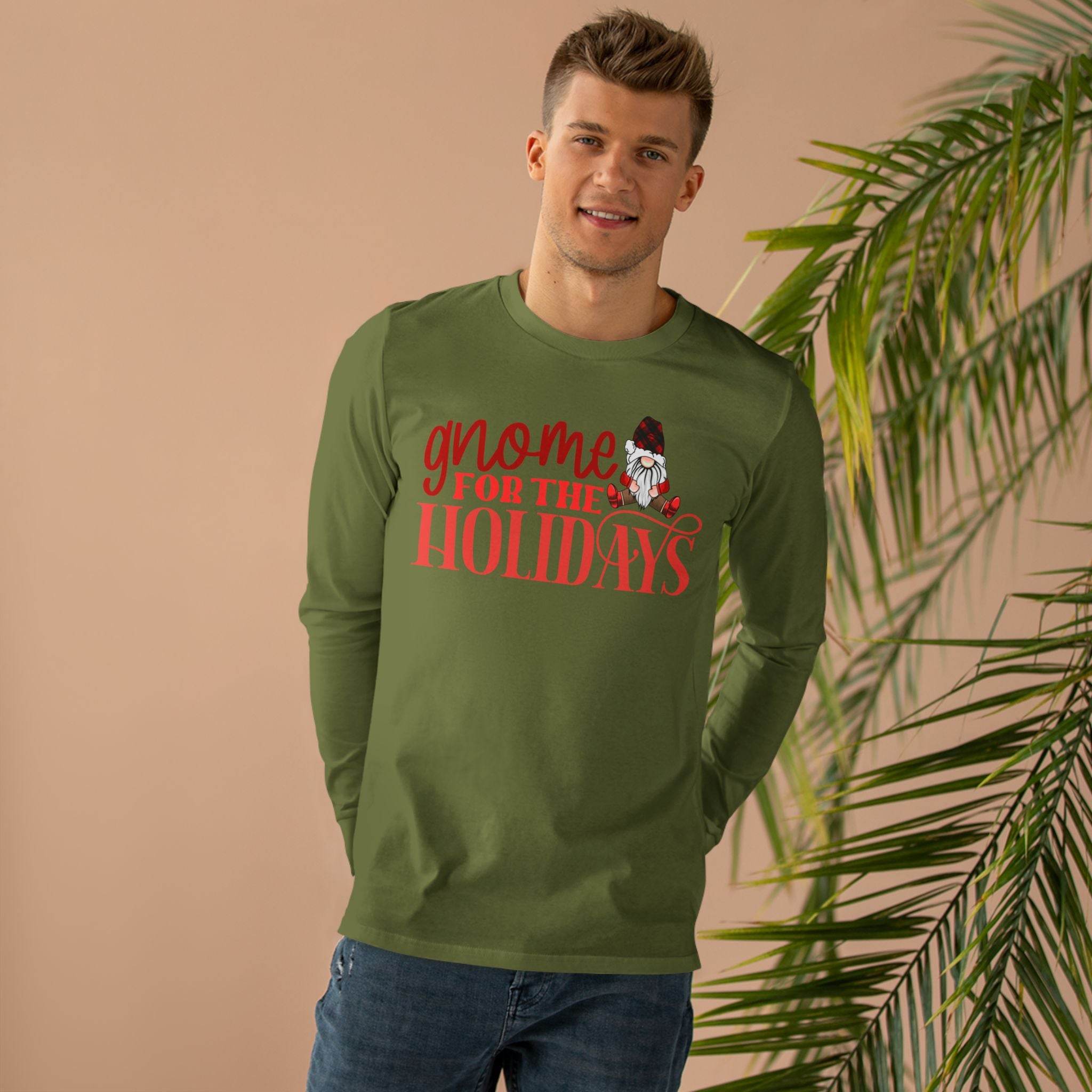 Printify long sleeves eco-friendly holiday shirt for men in green with gnome holiday graphic