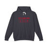 Printify black eco-friendly hooded sweatshirt with red It’s Time For Fun text and white drawstrings