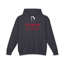 Printify black eco-friendly hooded sweatshirt with red It’s Time For Fun text and white drawstrings