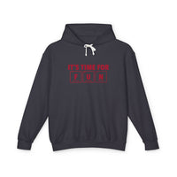 Printify black eco-friendly hooded sweatshirt with red It’s Time For Fun text and white drawstrings
